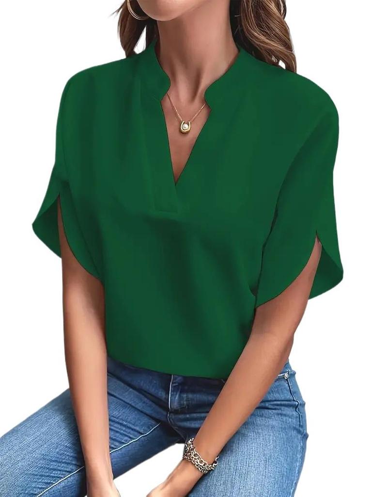 EastRogue  Women's Fashion Casual Summer Solid Color Print Short Sleeve V-Neck Blouses & Shirts
