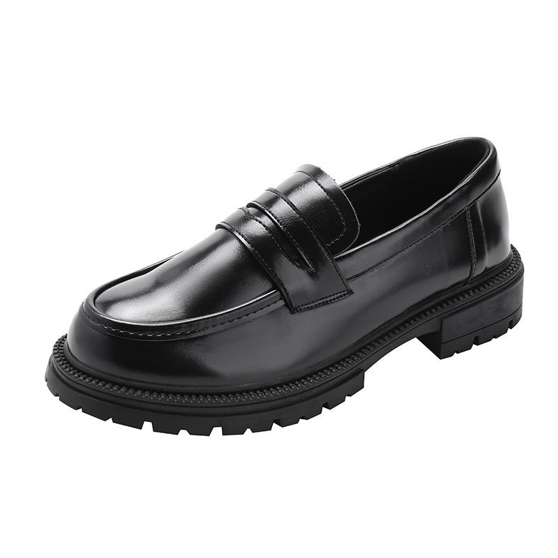 Damskor 2025 Brittisk stil läderloafers - Höst slip-on, mångsidiga arbetsskor med tjock sula