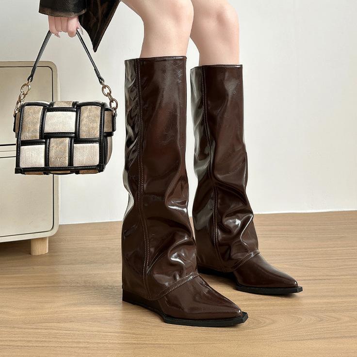 Niszowy design, skośny obcas, szpiczaste, skórzane, ocieplane kozaki, kozaki rycerskie 2025 jesień i zima, temperament, wszechstronne, wyszczuplające kozaki