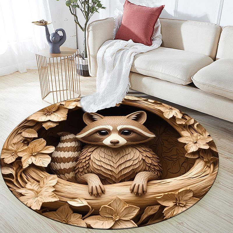 Wood Carving Owl, Sheep, Cow, and Raccoon  Round Area Rug,Carpet Rug for Living Room Bedroom Sofa Playroom Decor,Non-slip Floor Mat 80cmx80cm