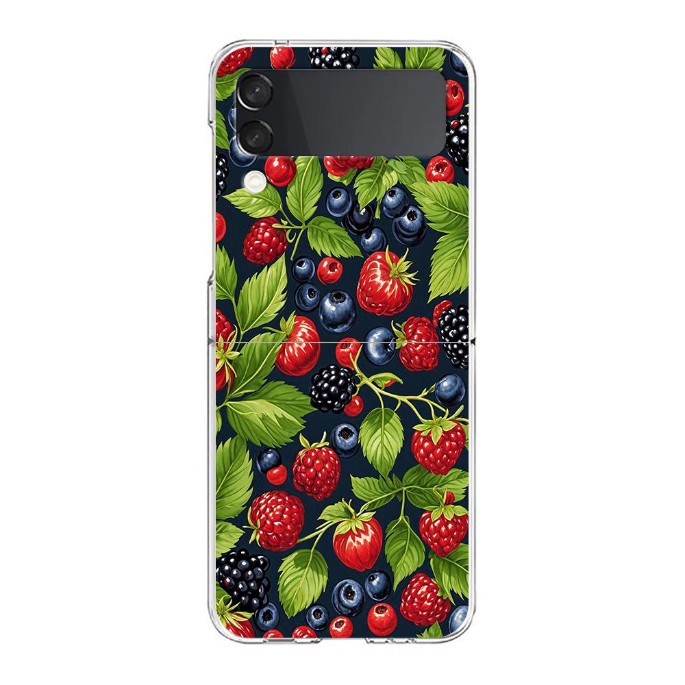 Transparent Phone Case For Samsung Galaxy Z Flip 3 4 5 6 7 Hard Folding PC Z Flip3 Flip4 Cover Summer Strawberry Flowers Print