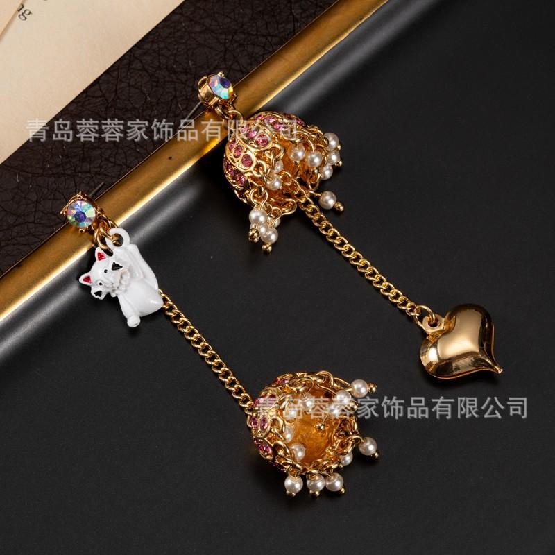 French Fairy Tale AB Style Wind Chime Tassel Earrings Personalized Cat Love Pendant Sweet Vintage High-end Feel