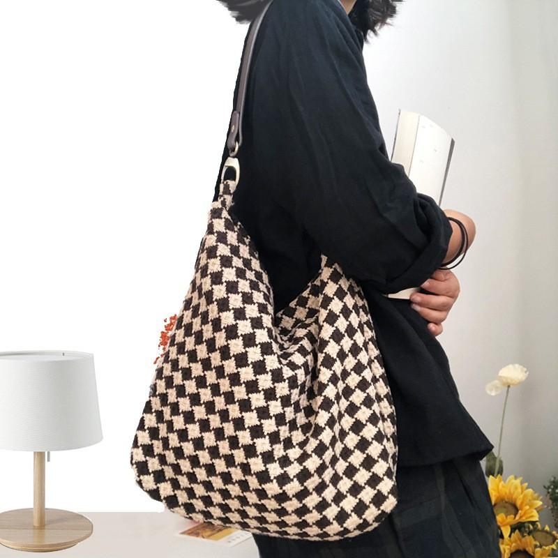 

Универсальная Практичная Сумка Под Мышку из Коровьей Кожи с Клетчатым Узором Японский Корейский Ретро Вязаная Шерстяная Наплечная