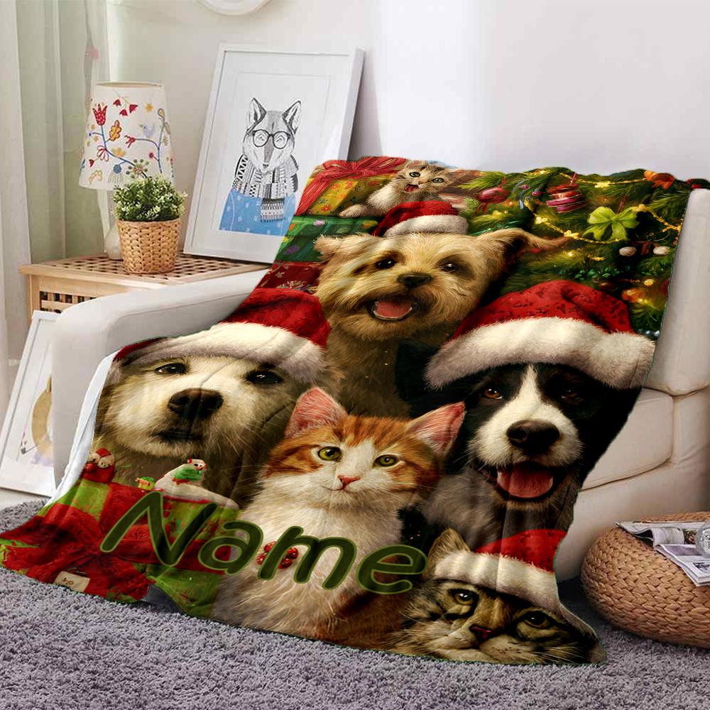 Custom Name Christmas Dog Theme Printed Blanket - Perfect for Couch, Bed, Travel & Outdoor Use | Machine Washable, Cozy & Durable.