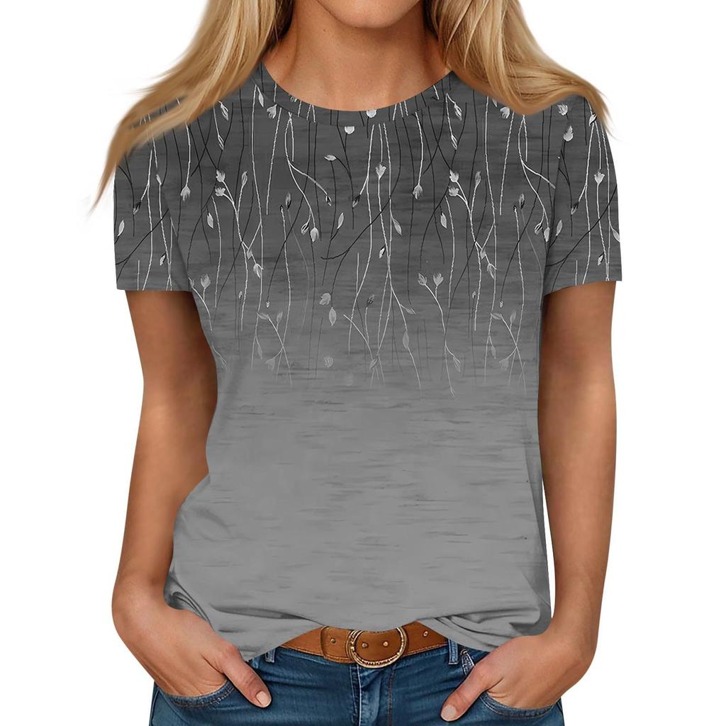 Summer Round Neck 3D Gradient Floral Print Top Fashionable Casual Short Sleeved Women's T-shirts