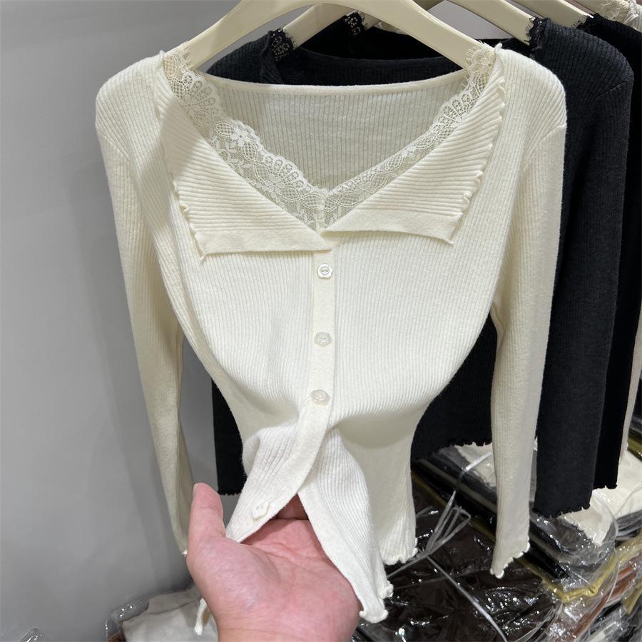 Autumn 2026 Women's Lace Patchwork Ruffle Collar Long Sleeve Knit Sweater