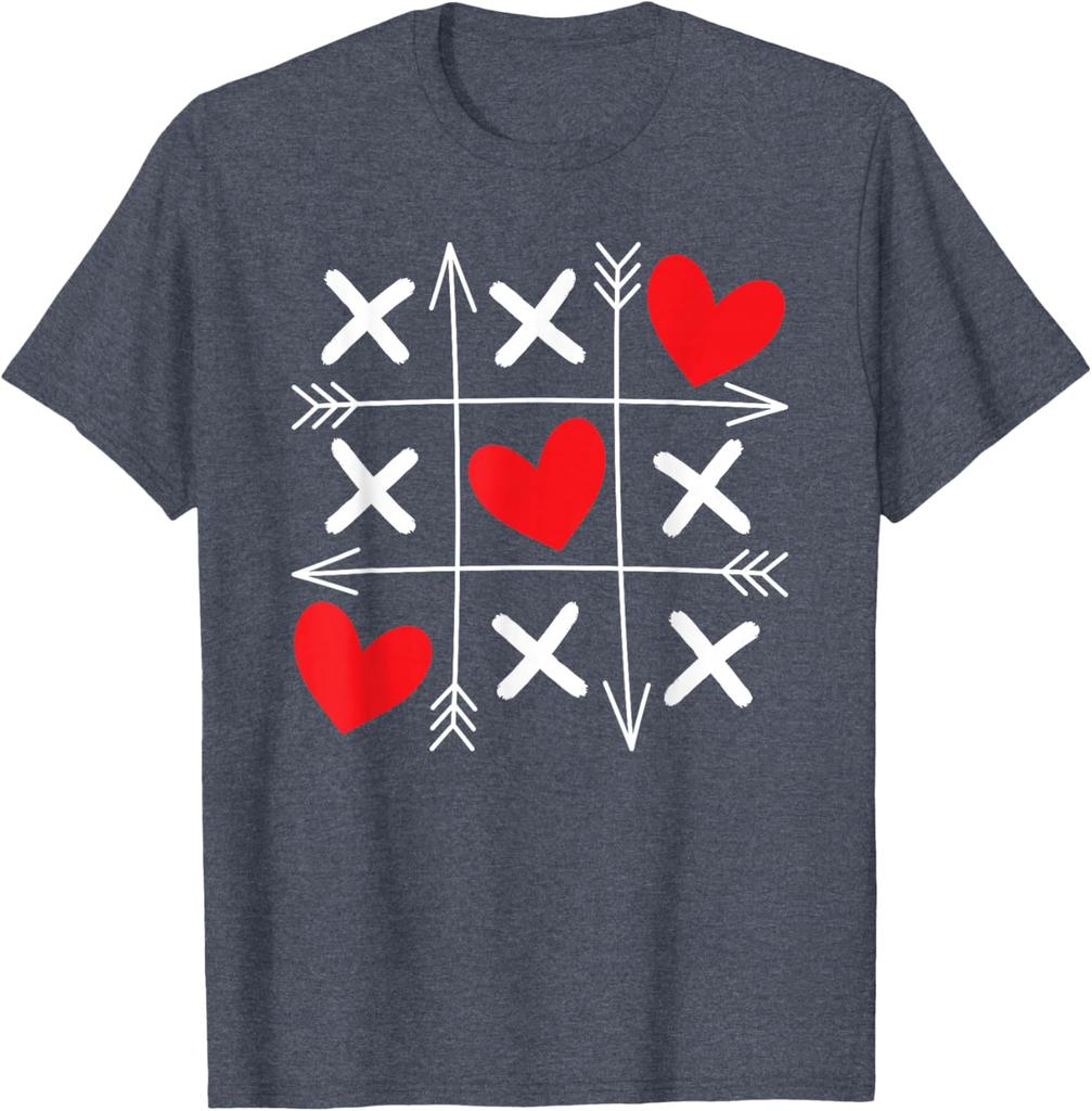 Tic Tac Toe Heart Arrows Valentine Day Graphic Tee Soft Cotton Casual T-Shirt for Men and Women