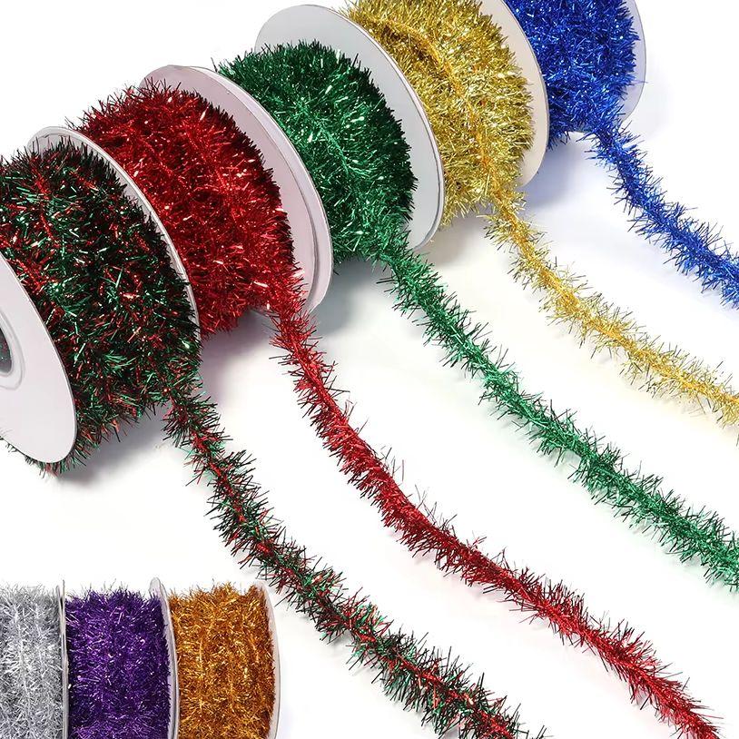 10Yards/Roll 2cm Colorful Stripes Christmas Garland Colorful Christmas Wrapping Tinsel Ribbons Gift Wedding New Year Party Decor