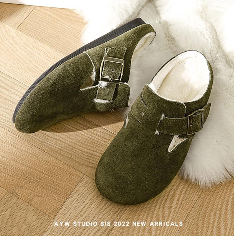Bokken Shoes Women's Green Leather Cow Suede Round Toe Retro Flat Soft Sole One Foot Stirrup Baotou Half Mop