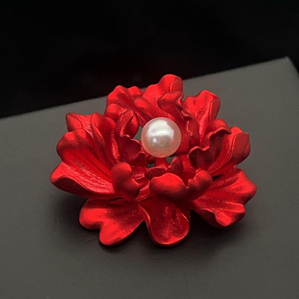 Elegant Red Peony Pearl Brooch - Luxury Vintage Flower Pin