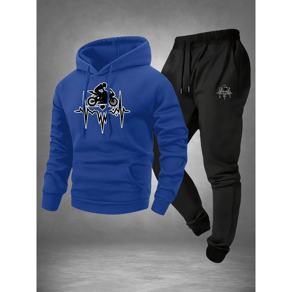 Motorcycle Pattern Printed Hooded Sweatshirt Set for Men Drawstring Sweatpants Trendy Casual Sports Versatile Two Piece Set