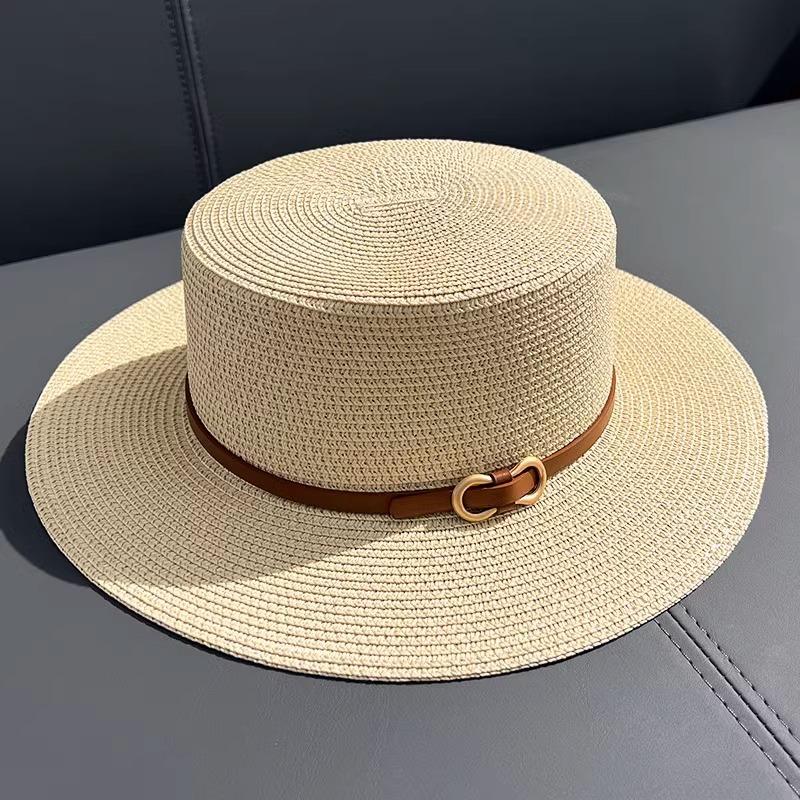 Flat top straw hat women's summer sunshade sunscreen hat vacation style straw hat top hat travel seaside beach hat