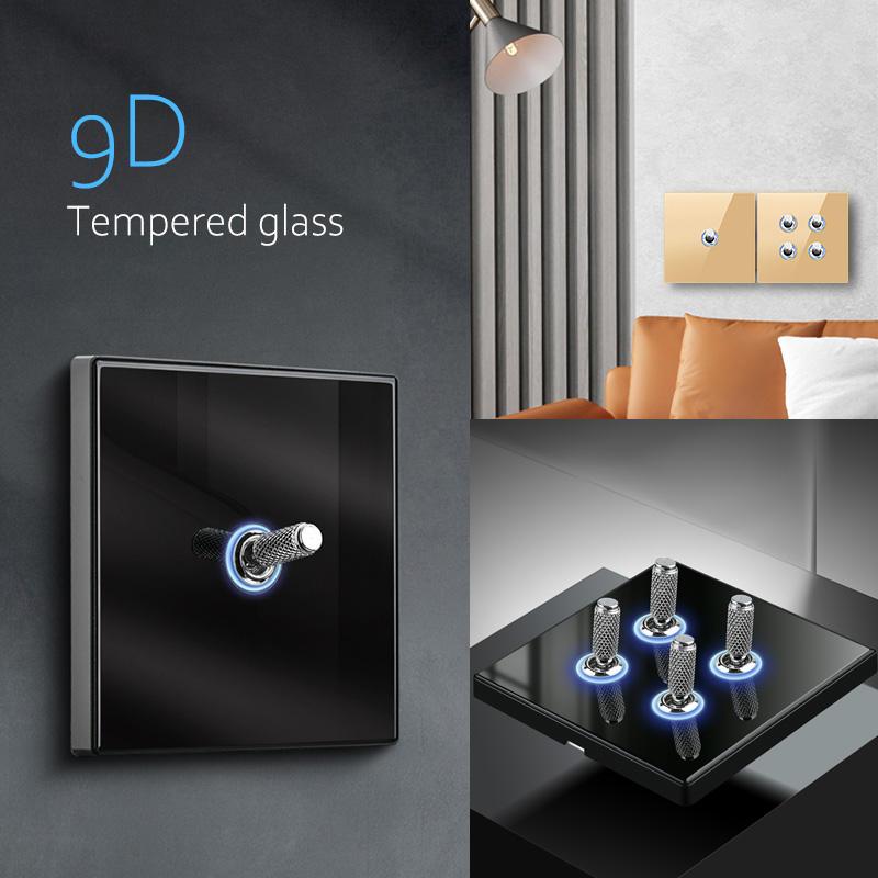 LangYeao Rahmenloser Schalter aus gehärtetem Glas, Kippschalter, 1/2/3/4-fach, 86x86mm, Blaue LED-Anzeige, Metallhebel, Wandplatte