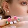 Women Luxury Rose Stud Earrings with Imitation Pearl, Sweet Pink Tulip Fashion Jewelry