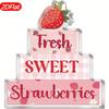 1pc Acrylic Strawberry Decorative Plaque - Classic Style 2D Flat Tabletop Decoration, Pink Gingham Check with "FRESH SWEET STRAWberries" Text