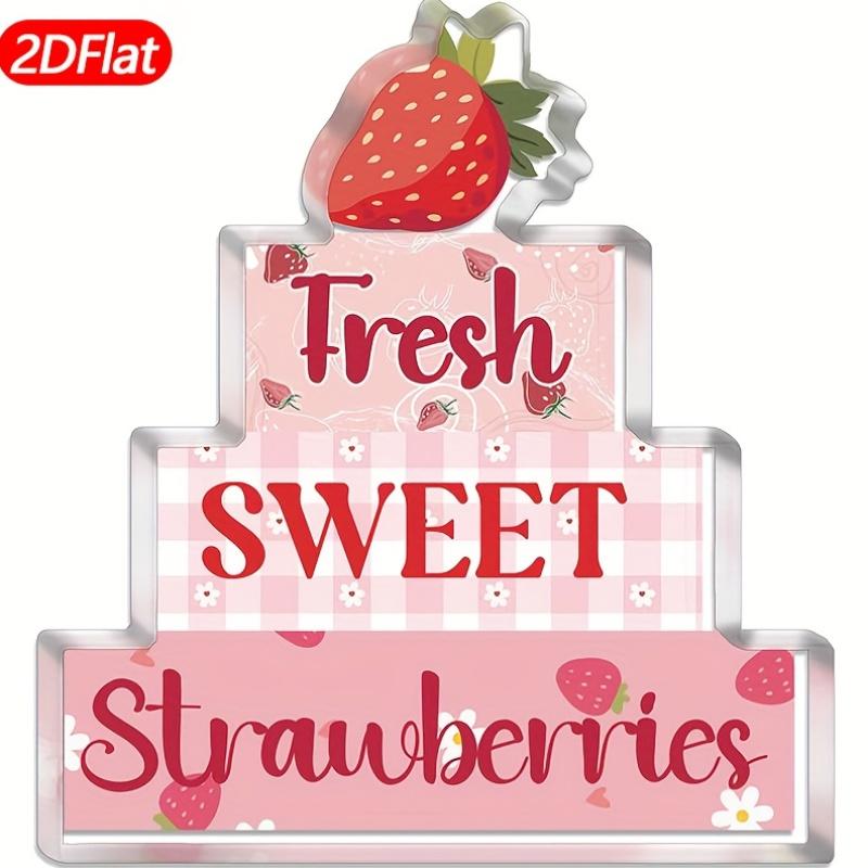 1pc Acrylic Strawberry Decorative Plaque - Classic Style 2D Flat Tabletop Decoration, Pink Gingham Check with FRESH SWEET STRAWberries Text 12.4*11cm