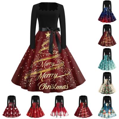 Robe Évasée à Imprimé Noël Pour Femmes Robe à Manches Longues Creuse Fête Décontractée Robes à Col Carré