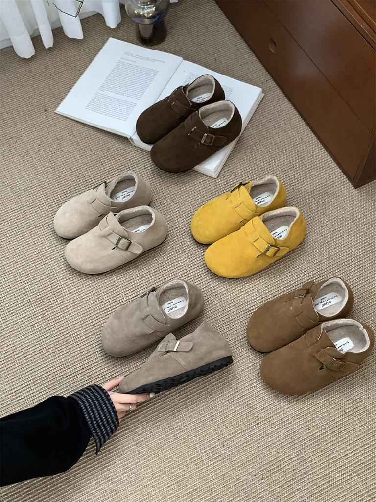 5CM inner height increase for small people~ Birkenstock shoes women's thick-soled half-drag velvet autumn and winter cotton shoes new bag head cowhide