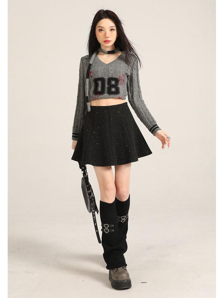 

High-Waist Sequined Woolen A-Line Pleated Skirt for Women - Autumn/Winter Extra Large чёрный