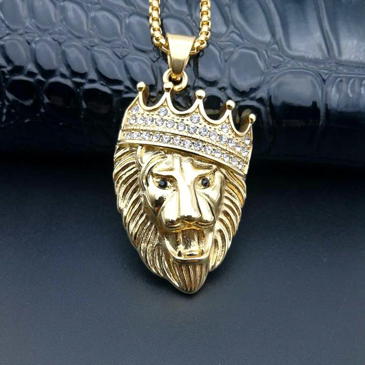 Full Iced Rhinestone An Crown Lion Tag Necklaces Pendants Cuban Chain 316L Stainless Steel Hip Hop Gold Silver Color Jewelry