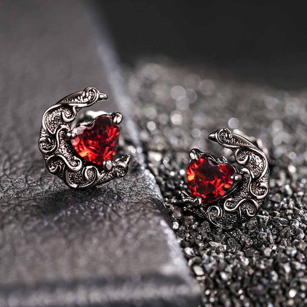 Vintage Black Plated Moon Red Heart Earrings for Women