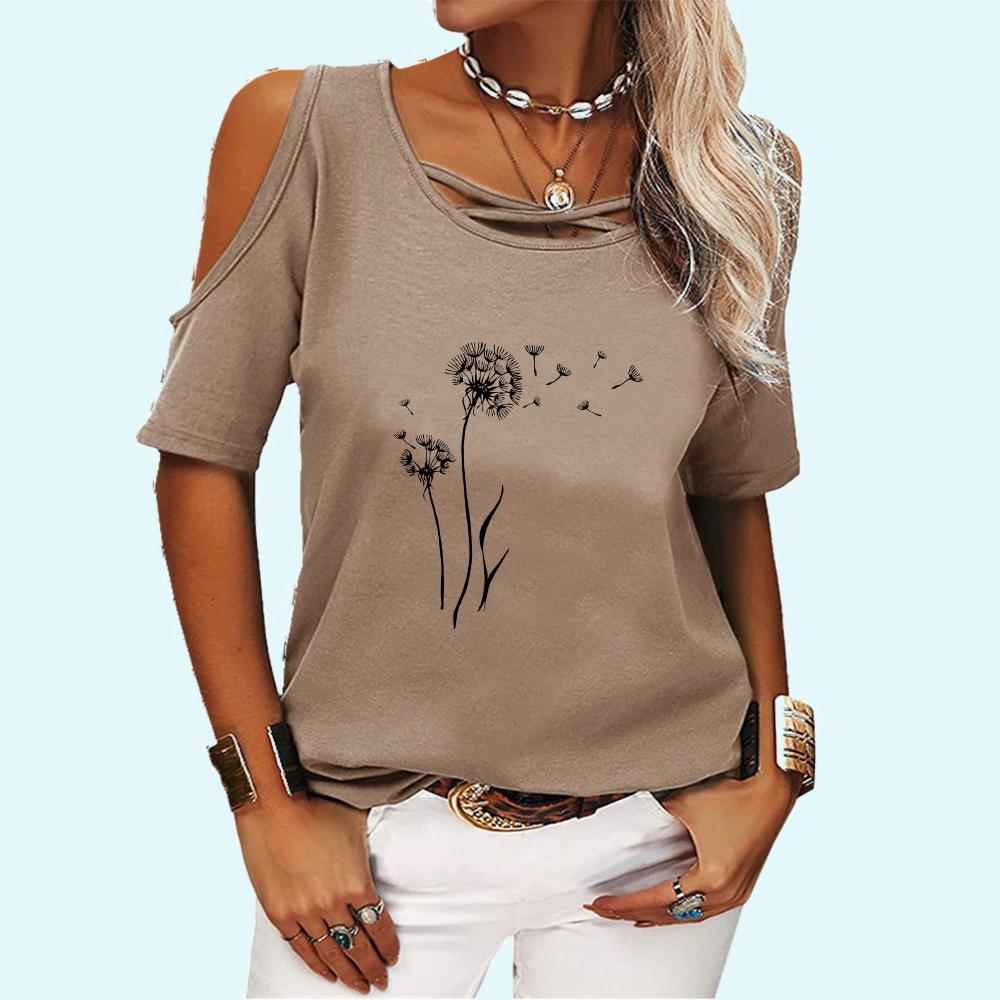 Women Casual Floral Print T-shirt Fashion Off Shoulder Top Ladies O Neck Short Sleeve Tee Shirt