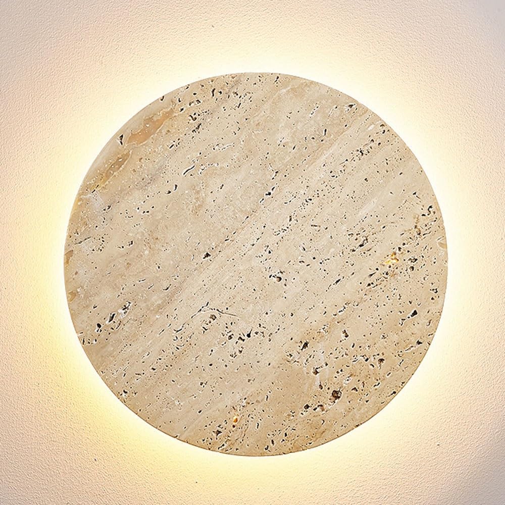 Modern Round Travertine Wall Sconce, Natural Stone Wall Light Fixture, LED Wall Lamp with Warm White Glow, Indoor Wall Lighting for Bedroom, Living