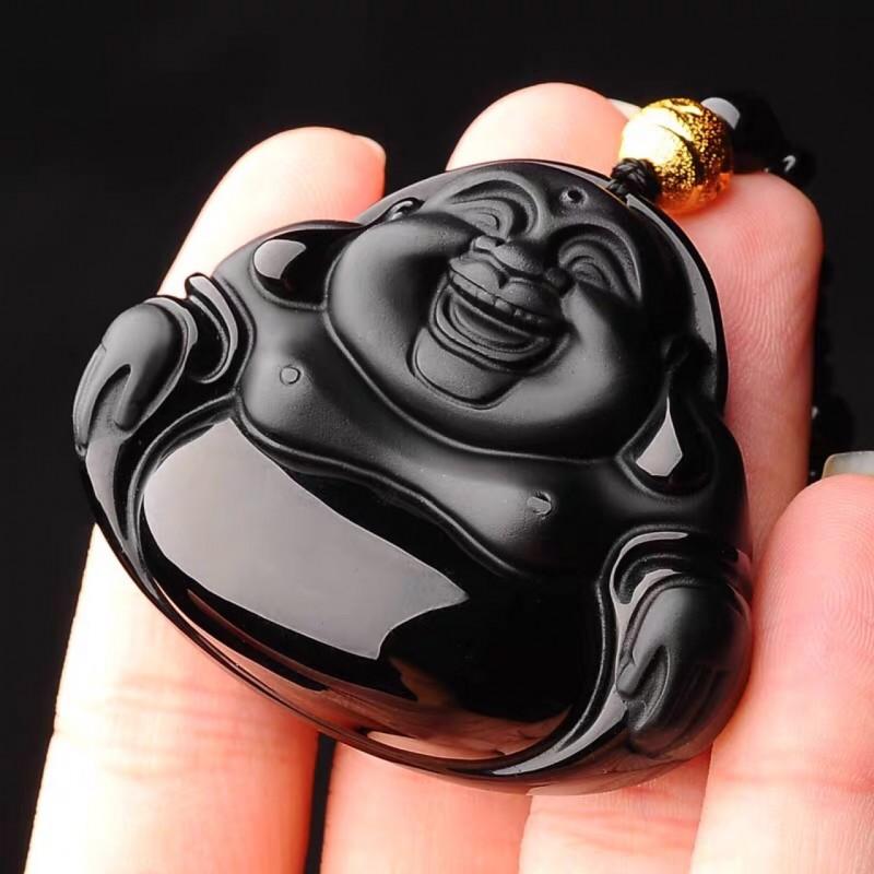 Obsidian Laughing Buddha Pendant Belly Maitreya Charm Classic Statue Jewelry