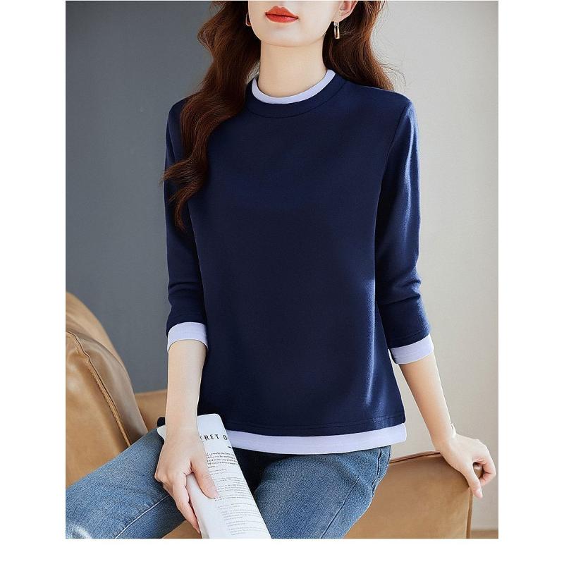 2025 Herbst und Winter Neues DeRong Damen-T-Shirt Halbrollkragen Patchwork Fake Zweiteiler Damen Unterhemd Warmes Oberteil