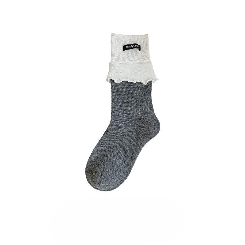 Women's Double-slit Lace Mid-calf Socks, Color-blocked Fabric Label Pile Socks, Four-season Casual Combed Cotton Simple and Trendy Socks