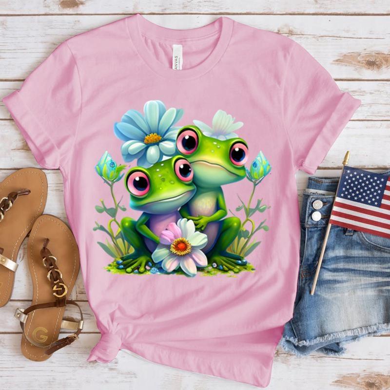 New Frog Print T Shirt Fashion Women Summer Casual Short Sleeve Tee Cute Loose T Shirts