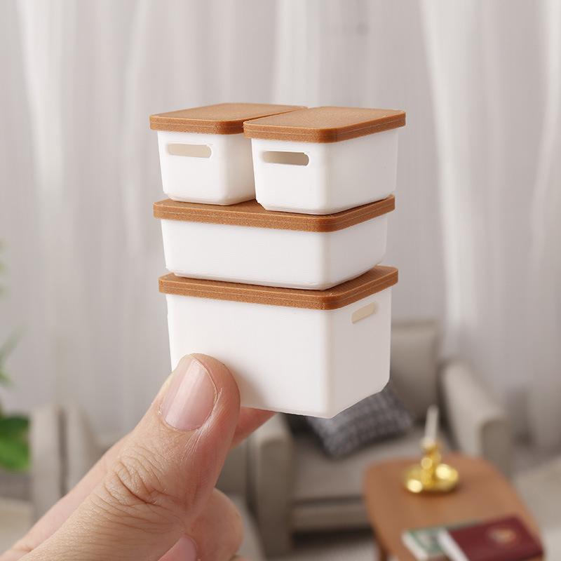 4Pcs Mini Storage Case With Cover 1/12 Dollhouse Miniature Food Storage Box Model Doll House Accessories Toy