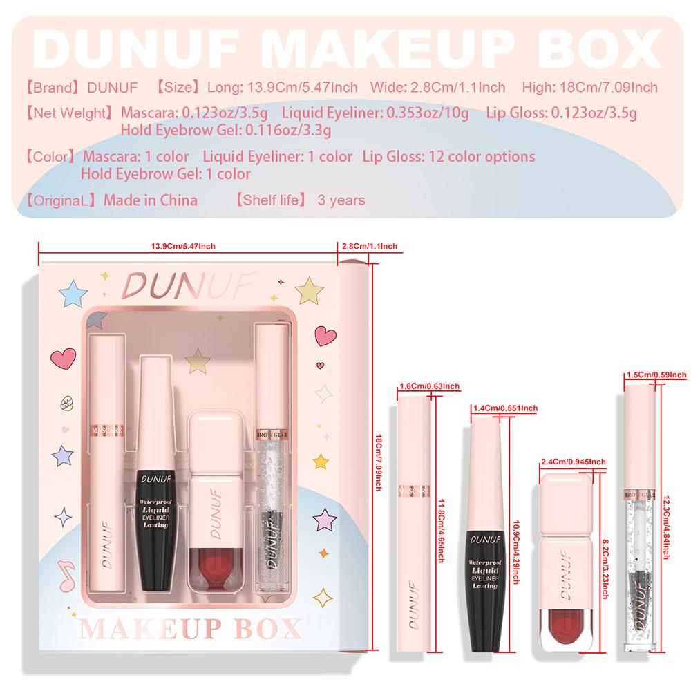 DUNUF 4-in-1 Professional Makeup Box - Mascara, Waterproof Eyeliner, Lip Gloss & Brow Gel, 12 Colors Available