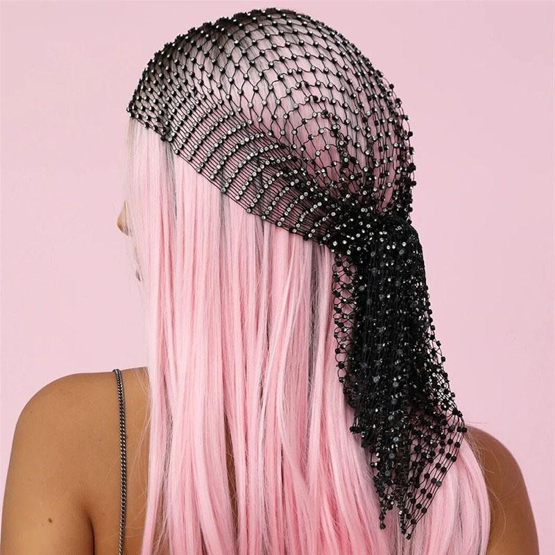 Rhinestone Fishnet Headscarf & Diamond Mask - Trendy Holiday Party Hat & Fashion Statement.