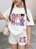 Summer Suit for Girl Fashion K-Pop Cartoon Girl Print Kids Set Outdoor Casual Streetwear Short Sleeves Teen Girl Clothes Suit