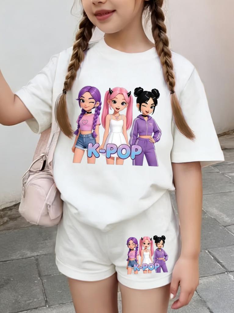 Summer Suit for Girl Fashion K-Pop Cartoon Girl Print Kids Set Outdoor Casual Streetwear Short Sleeves Teen Girl Clothes Suit
