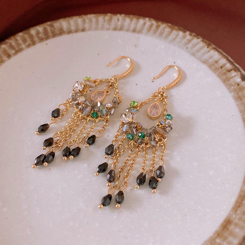 Bohemian water droplets crystal rice beads fringed ear hooks retro ethnic style earrings fashion vacation style earrings