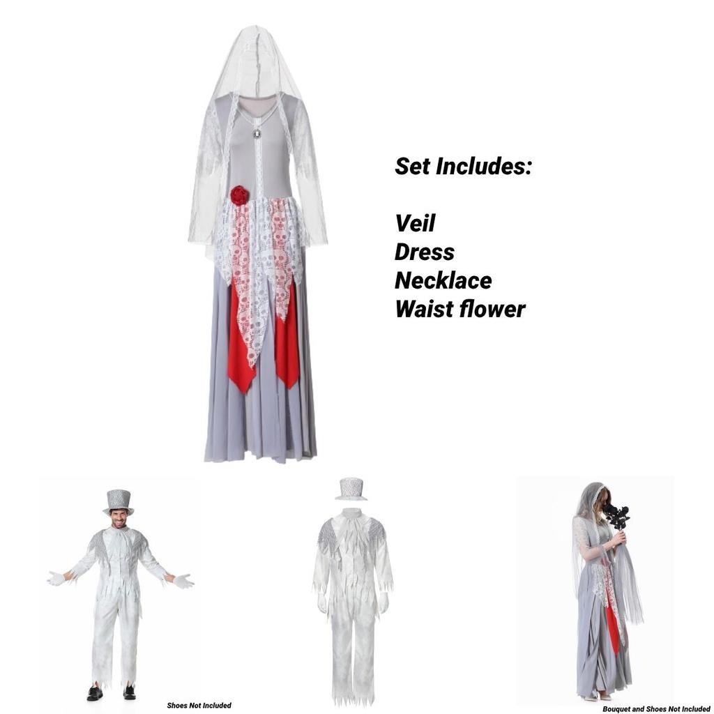 Ymkq Halloween Cos Vampir Karneval Nacht Kostüm Erwachsener Unisex Weiß Geist Braut und Bräutigam Cosplay Bekleidung
