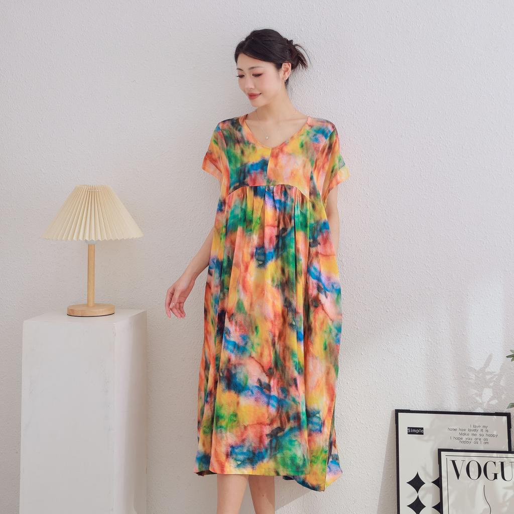 DIMANAF 2025 Women Plus Size Summer Dress V-Neck Casual Floral Dress Basic Vintage Loose Long Dress