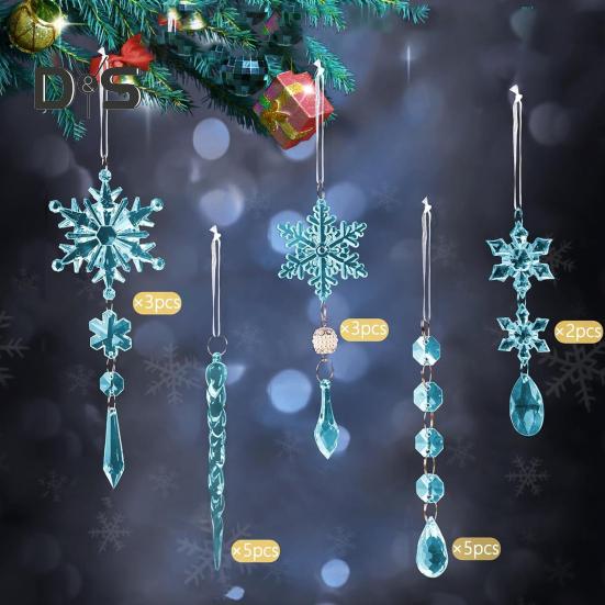 18Pcs Christmas Snowflake Ornaments Hanging Acrylic Crystal Snowflakes Icicle Drop Decorations for Christmas Tree Winter Party Decor