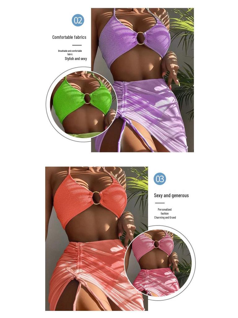 2024 Ruffled Steel Ring Bikini Three-Piece Set - European & American Women's Swimsuit