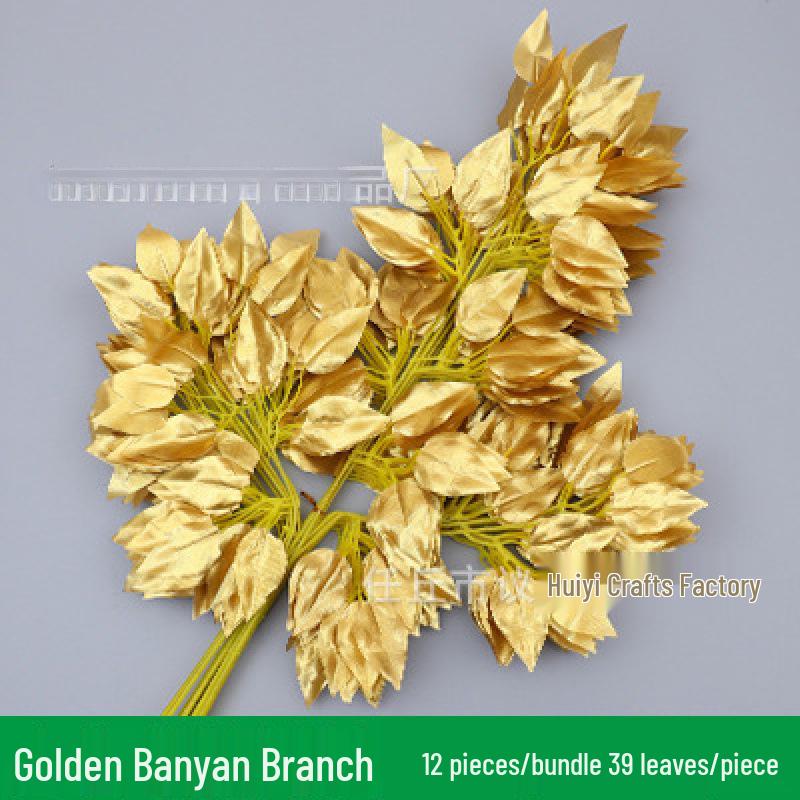 Gold & Silver Banyan and Ginkgo Leaves Fake Tree Branches for Wedding Decoration - Yellow Maple Leaves