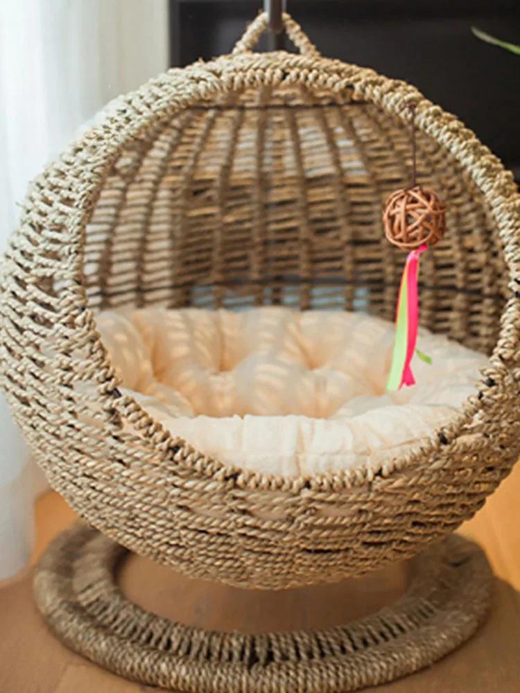 

Морская трава, плетеная вручную, полузакрытая клетка для кошек, круглая, устойчивая к царапинам, подвесная корзина, плетеный ротанговый летний кошачий гамак