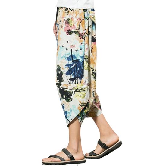 

Mid-rise Elastic Waistband Drawstring Pockets Cropped Pants Ethnic Style Retro Print Harem Trousers L хакі