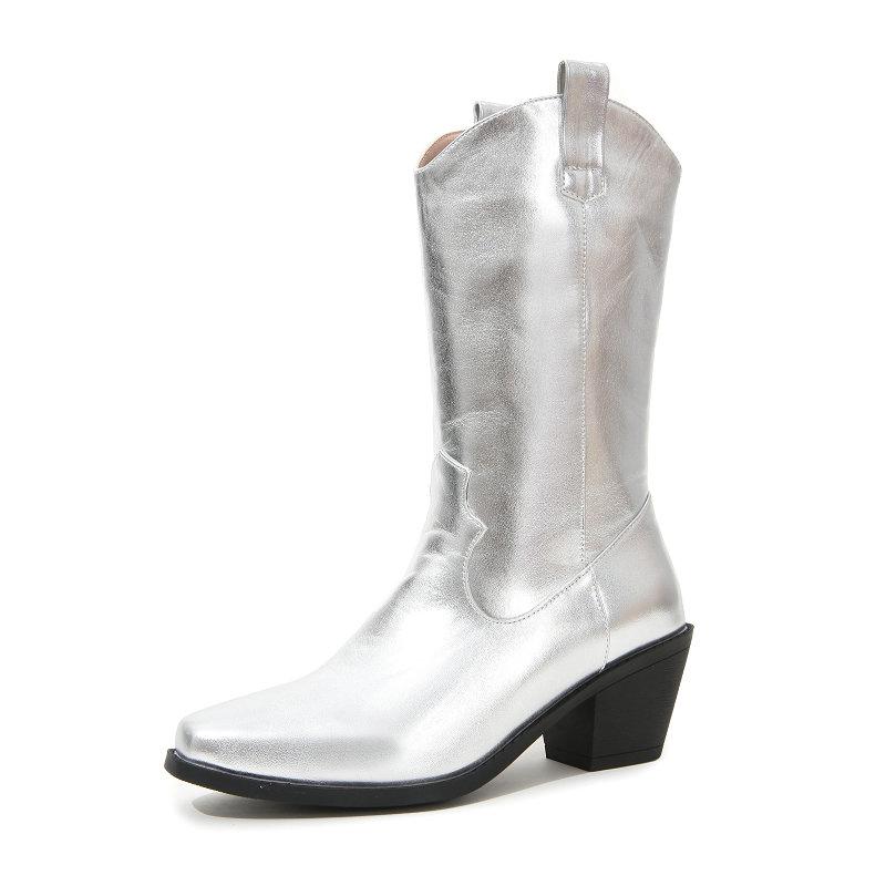 

Cowboy Solid Gold Silver Western Boots Women s Mid Calf Winter Boots 6cm Med Heels Shoes 34 серебряный