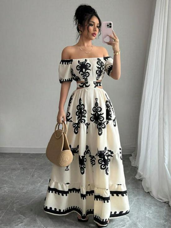 2026 Ethnic Style One-Shoulder Floral Pullover Long Dress for Women - Spring Collection