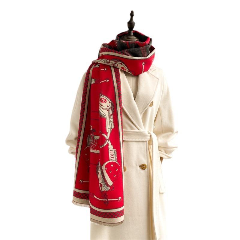 2024 Autumn/Winter New Color Blocked Imitation Cashmere Women'S Tassel Shawl Thickened Warm Double Sided Jacquard Wool Scarf