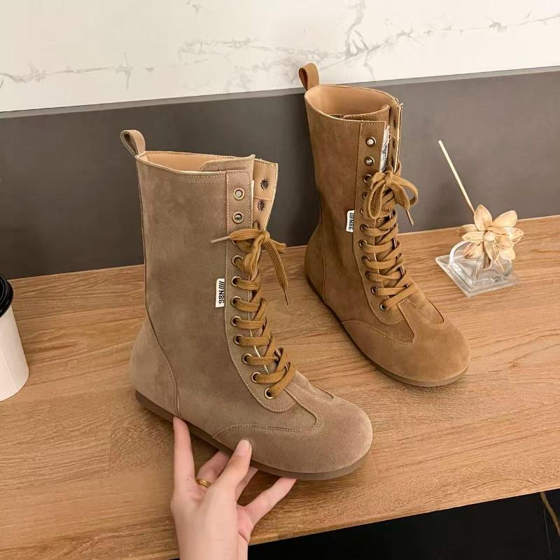 Ladies' high-top flat lace long boots in solid color, anti-suede round toe, anti-slip and comfortable classic denim boots