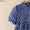 VONDA Women Doll Collar Puff Sleeve Button Up Plaid Blouse Tops