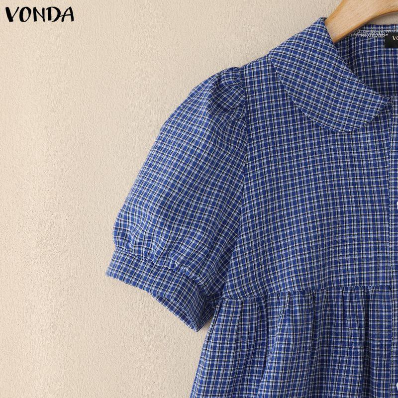 VONDA Women Doll Collar Puff Sleeve Button Up Plaid Blouse Tops